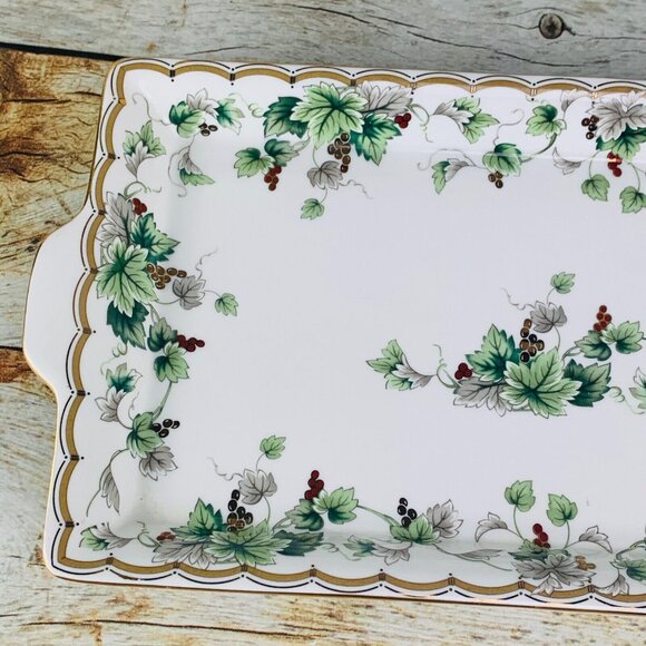 Burton & Burton For Fib Gold Trim Red Berries Green Gray Leaves Rectangle Tray - Picture 2 of 8